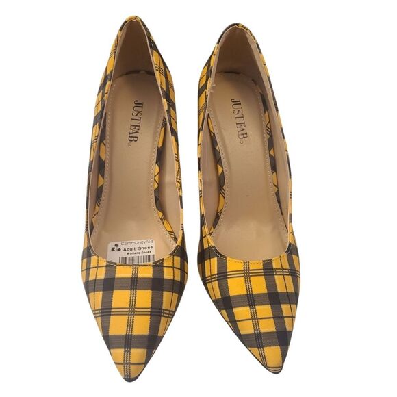 Just Fab Heels Mustard Yellow Bold Plaid Chunky 4" Heels Pointy Toes Size 7.5 - Picture 4 of 14